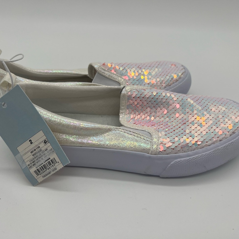 Cat & Jack Flip Sequin Shoes Sneakers Girls Aliki White Shiny Slip On - Picture 3 of 6